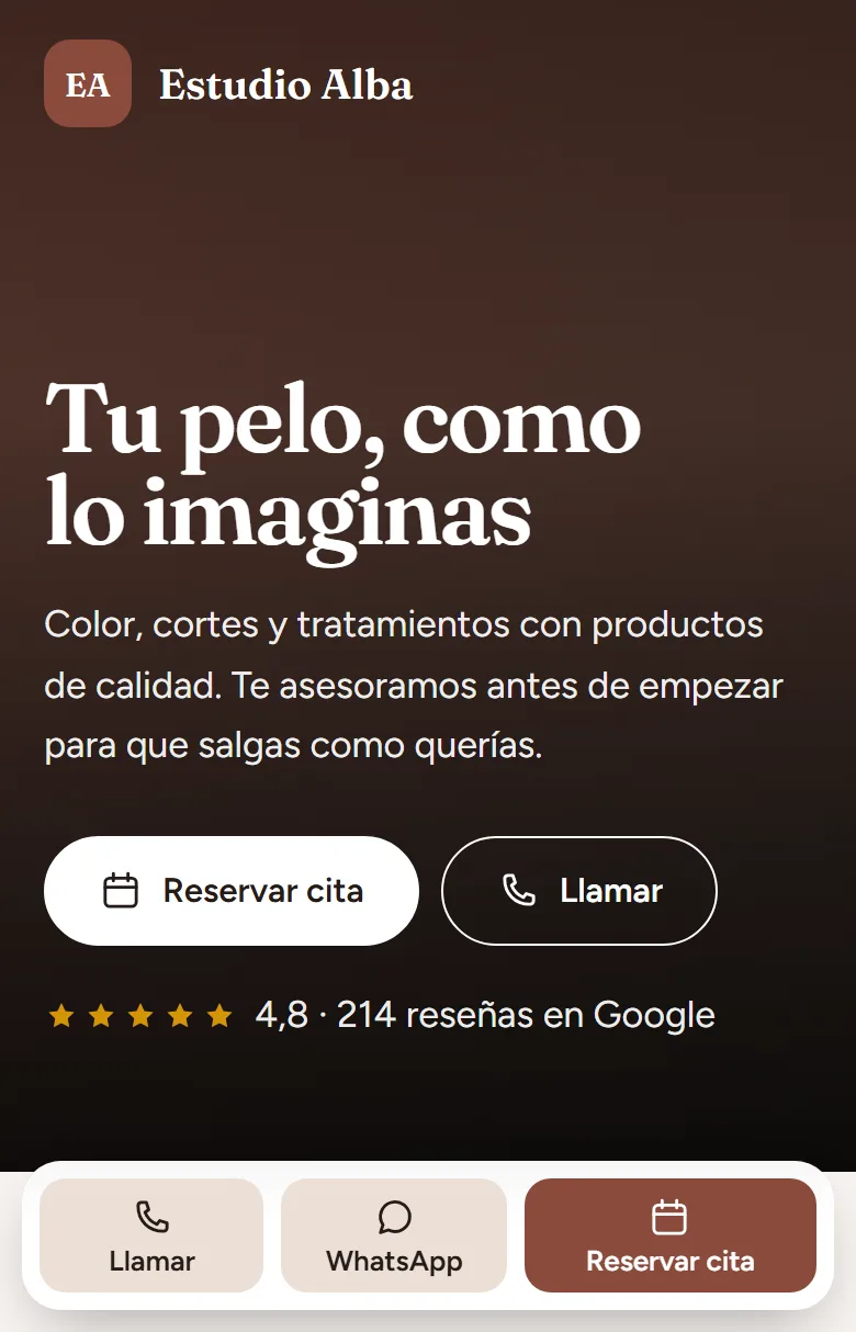 Ejemplo: la web nueva de la peluquería en el móvil, con botón de reservar cita